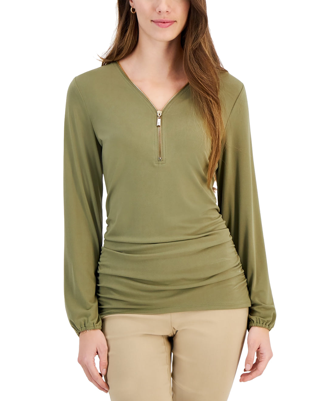 Women's Zip V-Neck Ruched Front Top