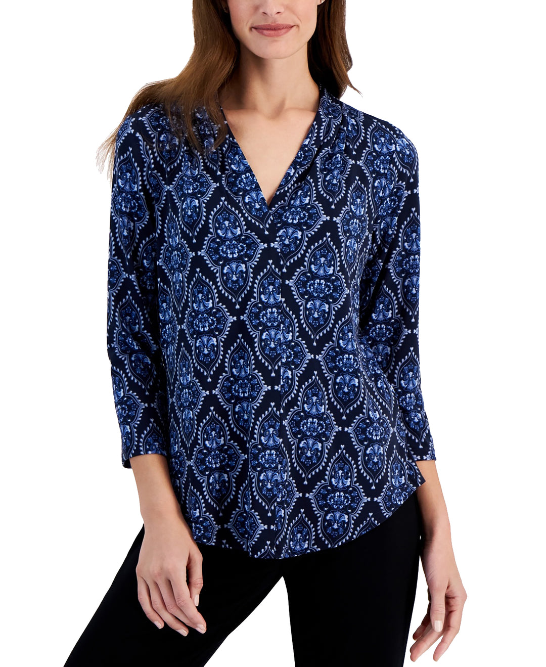 Women's Printed 3/4 Sleeve V-Neck Knit Top