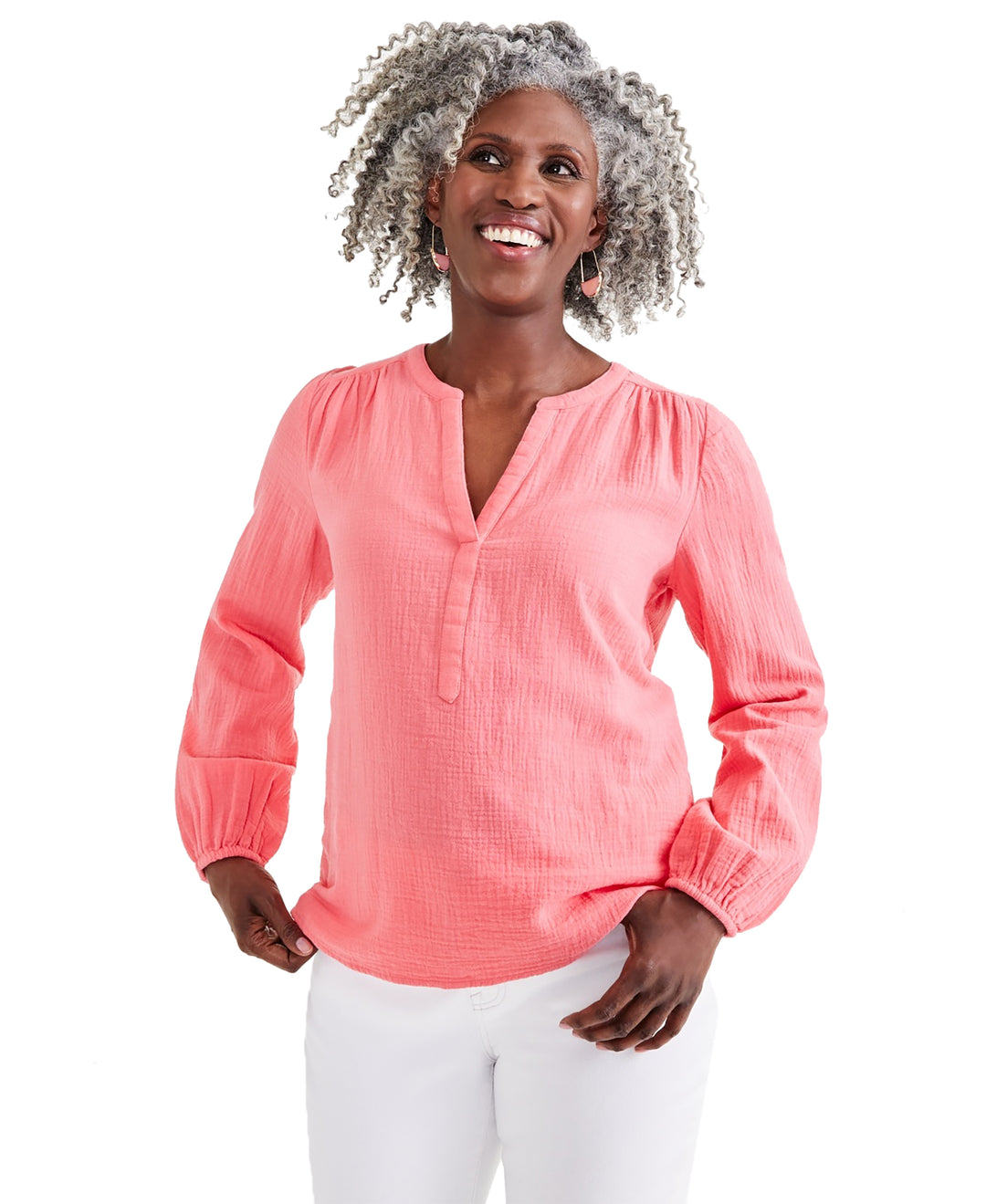 Women's Cotton Gauze Split-Neck Blouse