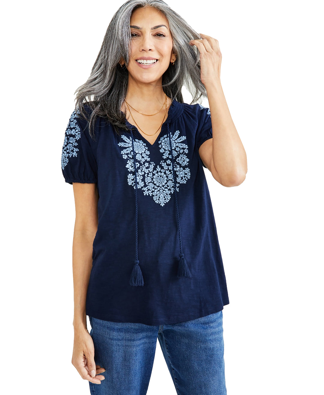 Petite Vacay Embroidered Tassel-Tie Top