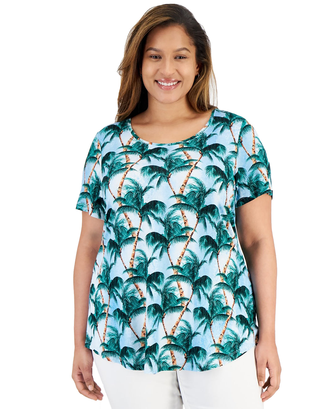 Plus Size Tropical Overlay Short-Sleeve Top