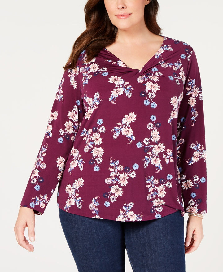 Style & Co Plus Size Printed Twist Neckline Top
