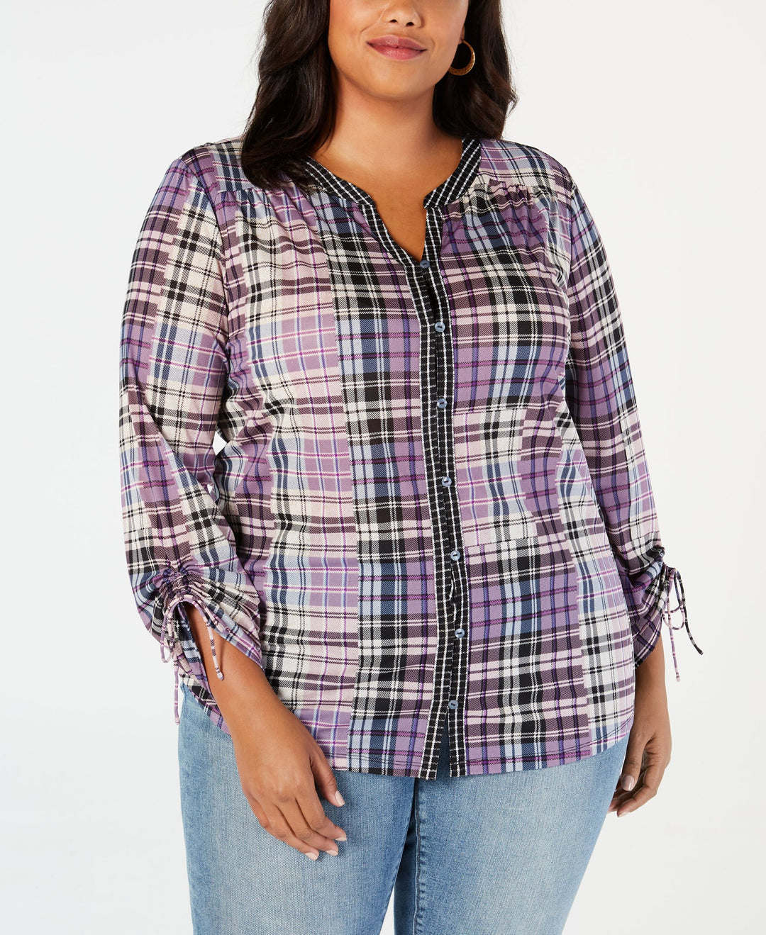 Style & Co Plus Size Patchwork Plaid Split Neckline Shirt