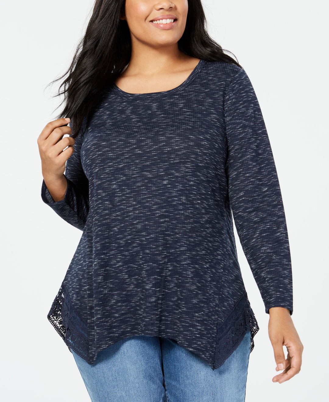 Style & Co Plus Size Space Dyed Lace Handkerchief Hem Top