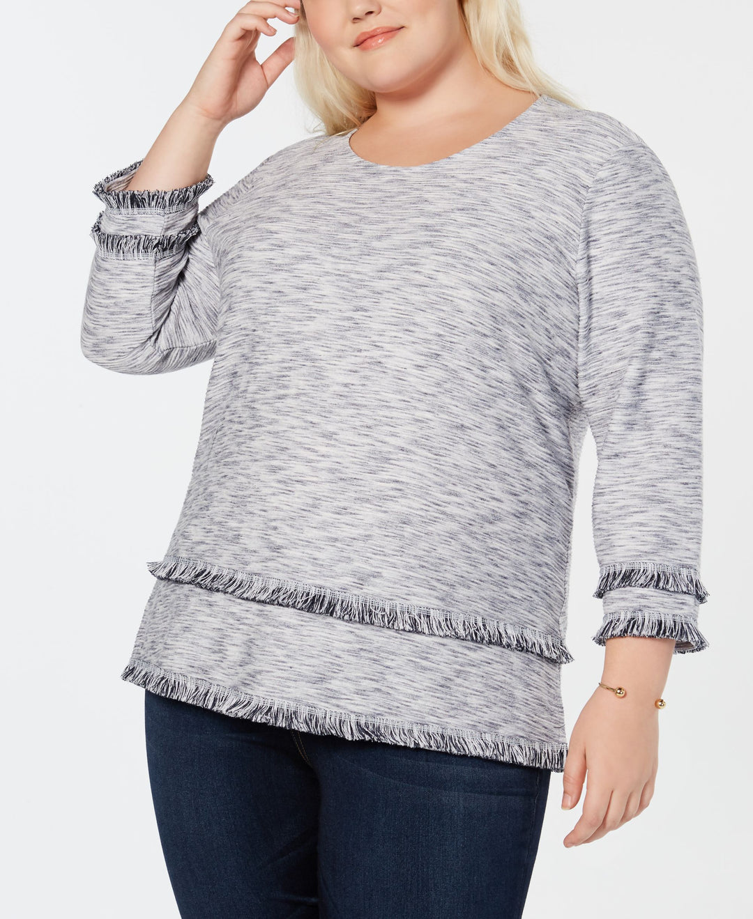 Style & Co Plus Size Space Dyed Fringe Trim Top