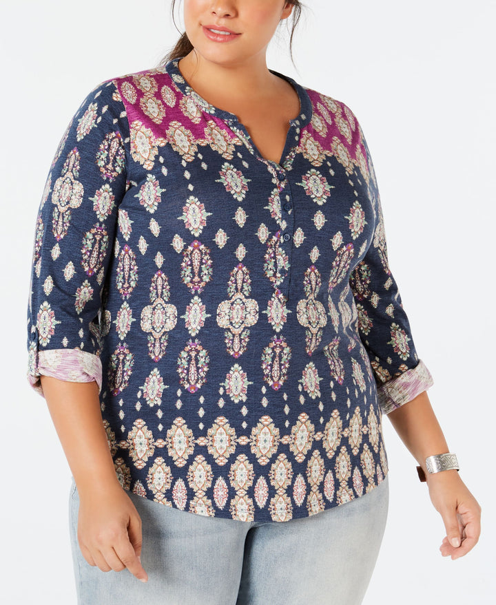 Style & Co Plus Size Printed Roll Tab Top