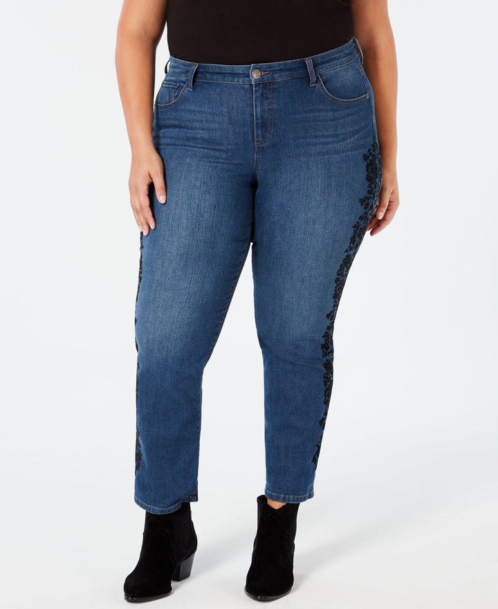 Style & Co Plus Size Cotton Brocade Trim Boyfriend Jeans
