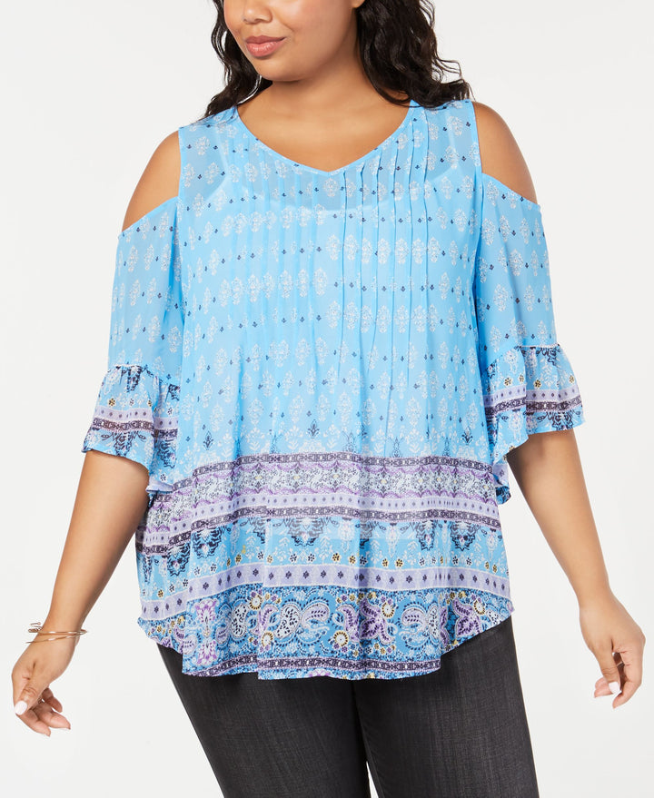 Style & Co Plus Size Border Print Cold Shoulder Top