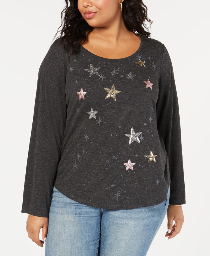 Style & Co Plus Size Sequined Graphic Print Top