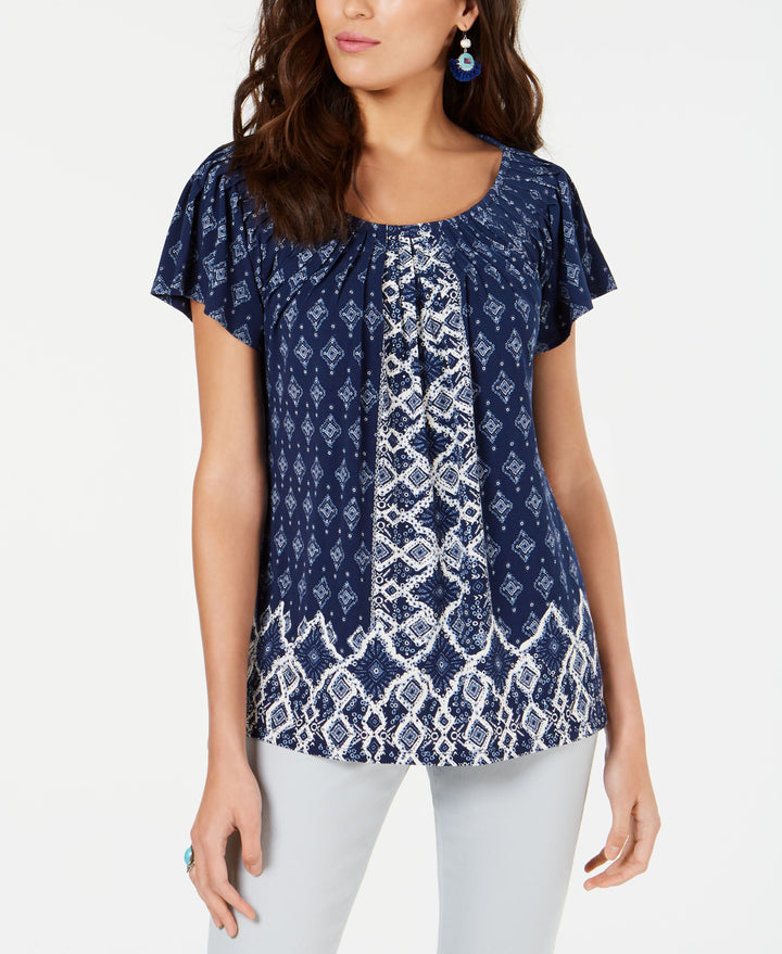 Style & Co Printed Pleated Neck Top