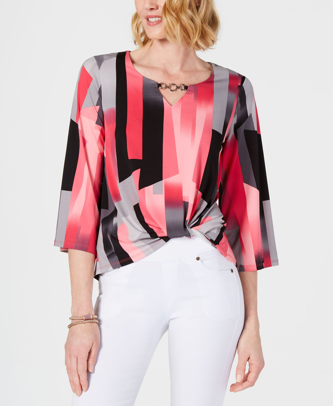JM Collection Petite Printed Twist Front Top
