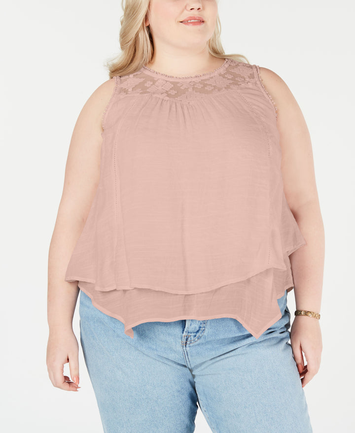 Style & Co Plus Size Lace Yoke Crochet Trim Tiered Top