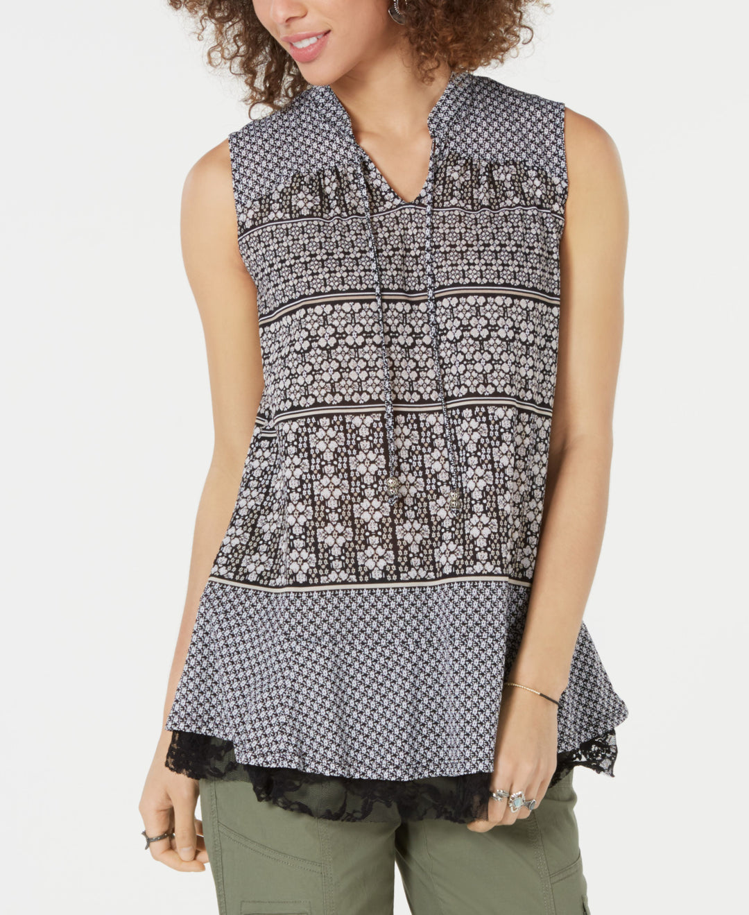 Style & Co Printed Lace Trim Top