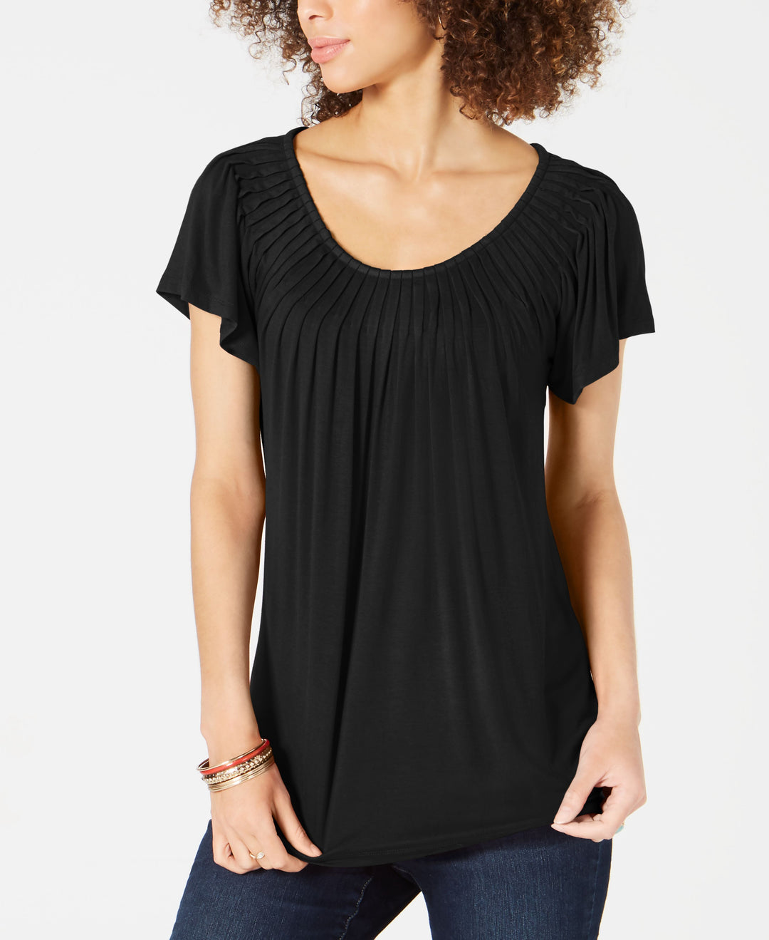 Style & Co Pleated-Neck Flutter-Sleeve Top