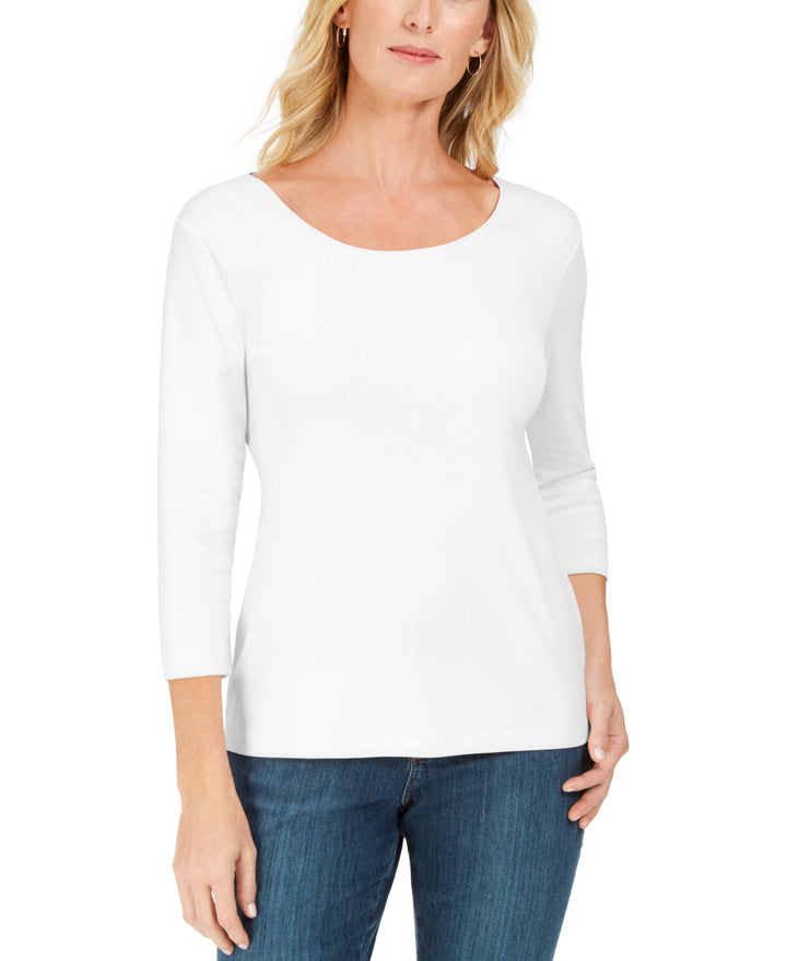 Petite 3/4 Sleeve Cotton Scoop-Neck Top