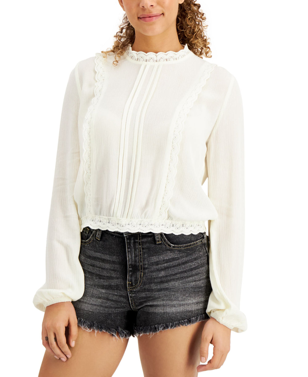 Juniors' Pleated Lace-Trim Blouse