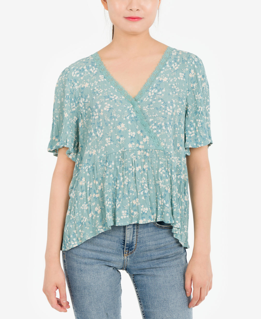 Juniors' Lace-Trim Floral Peplum Top