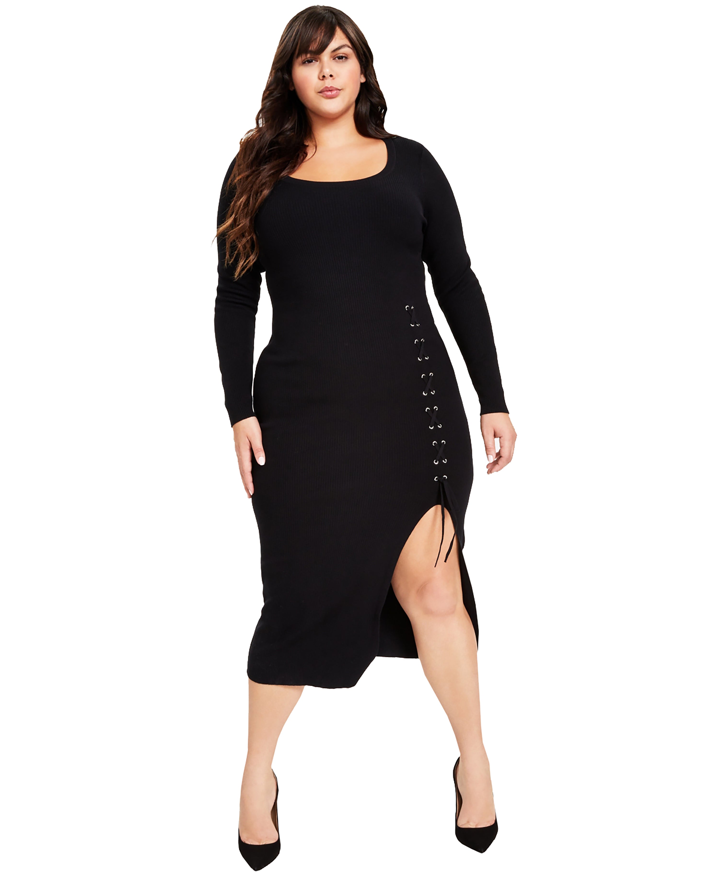 Plus Size Rib-Knit Lace-Up Sweater Dress – USAFashion