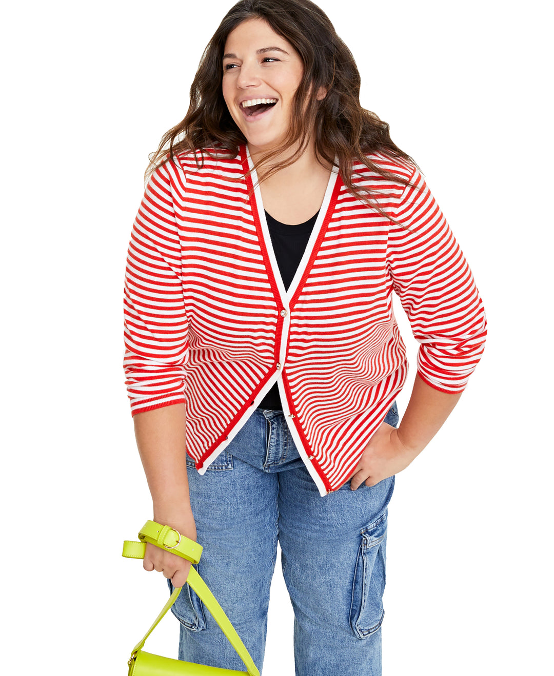 Plus Size Rhinestone-Button V-Neck Cardigan