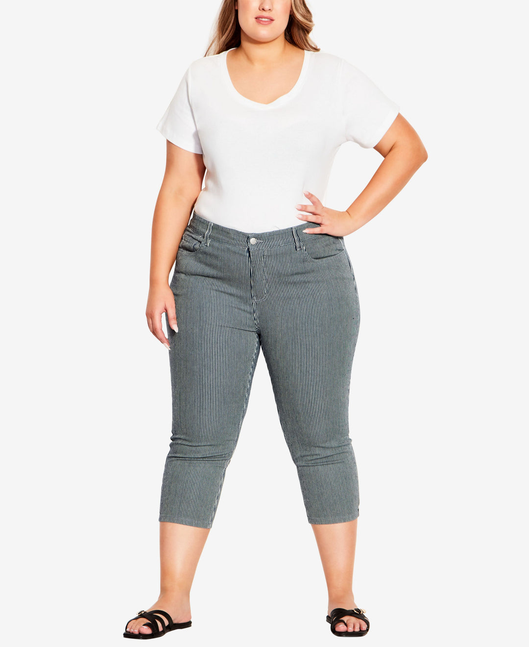Plus Size Stripe Denim Capri