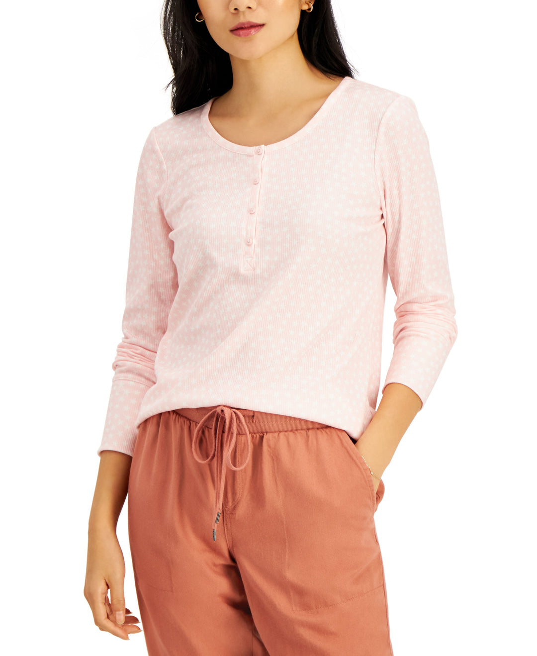 Style & Co Printed Rib Knit Henley Top