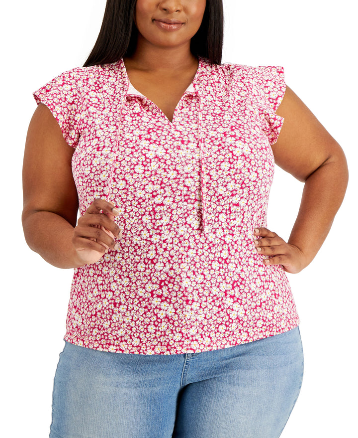 Style & Co Plus Size Floral Print Flutter Sleeve Tie Neck Top
