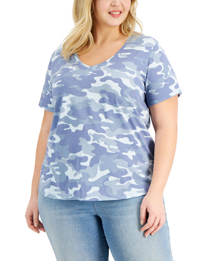 Style & Co Plus Size Cotton Printed V Neck T-Shirt