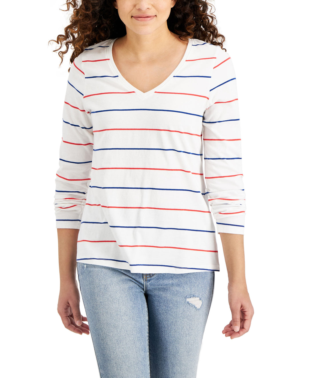 Style & Co Petite Striped V Neck Cotton Top