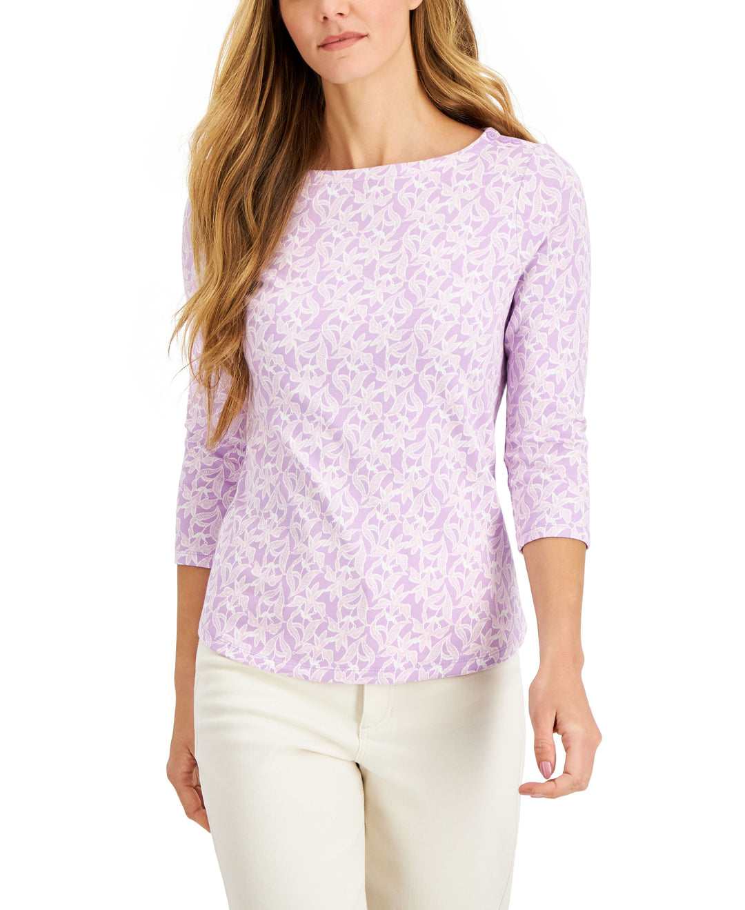 Charter Club Pima Cotton Lace Print Boat Neck Top