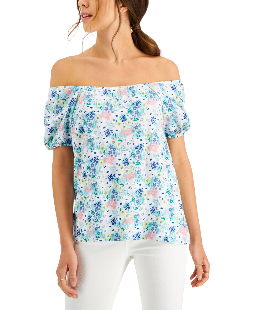 Style & Co Petite Wildflower Meadow Cotton Puff Sleeve Top