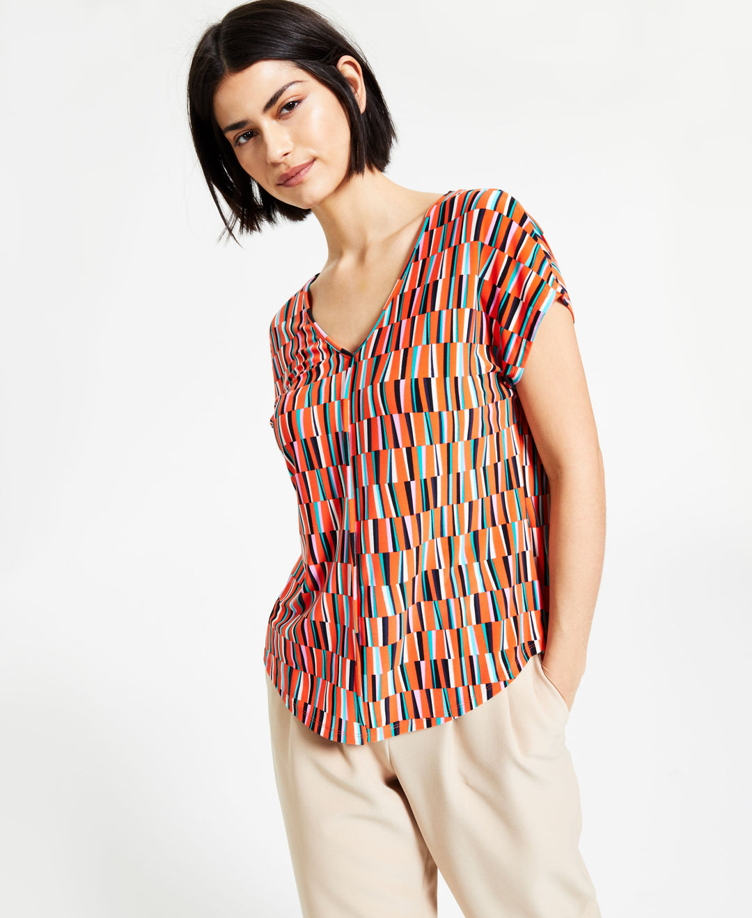 Bar III Womens Printed V-Neck Top
