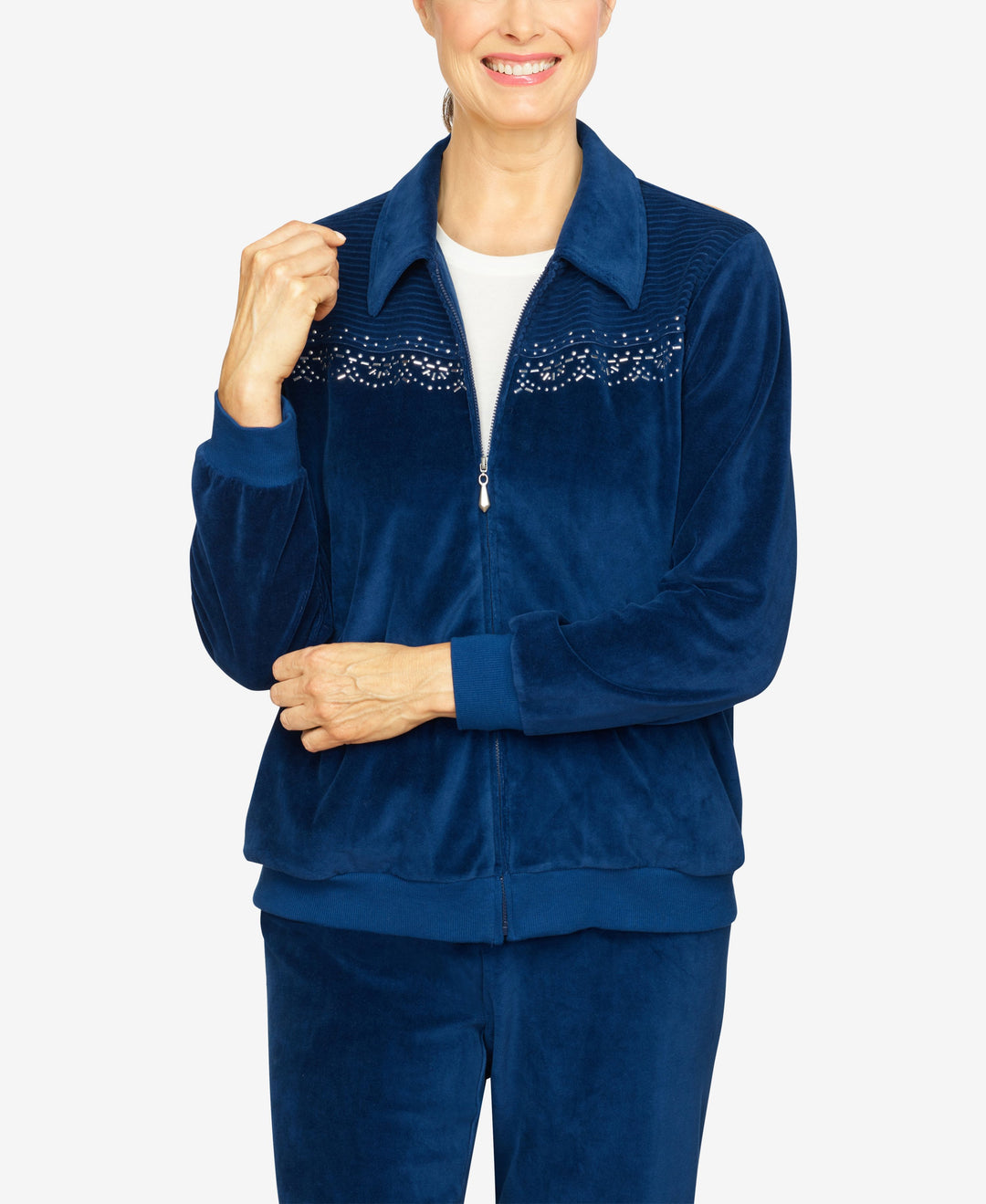 Womens Missy Precious Jewels Comfy Velour Embellished Spliced Jacket