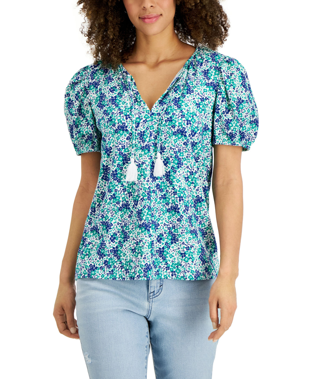 Style & Co Womens Printed Puff Sleeve Tie Neck Top