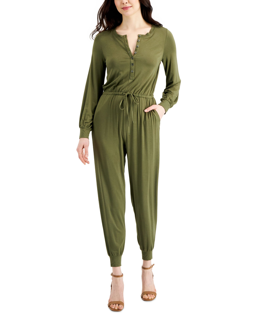 Style & Co Petite Solid Tie Waist Knit Jumpsuit