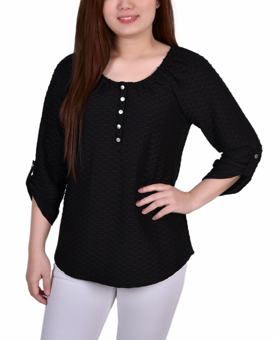 Petite 3/4 Sleeve Honeycomb Henley Top