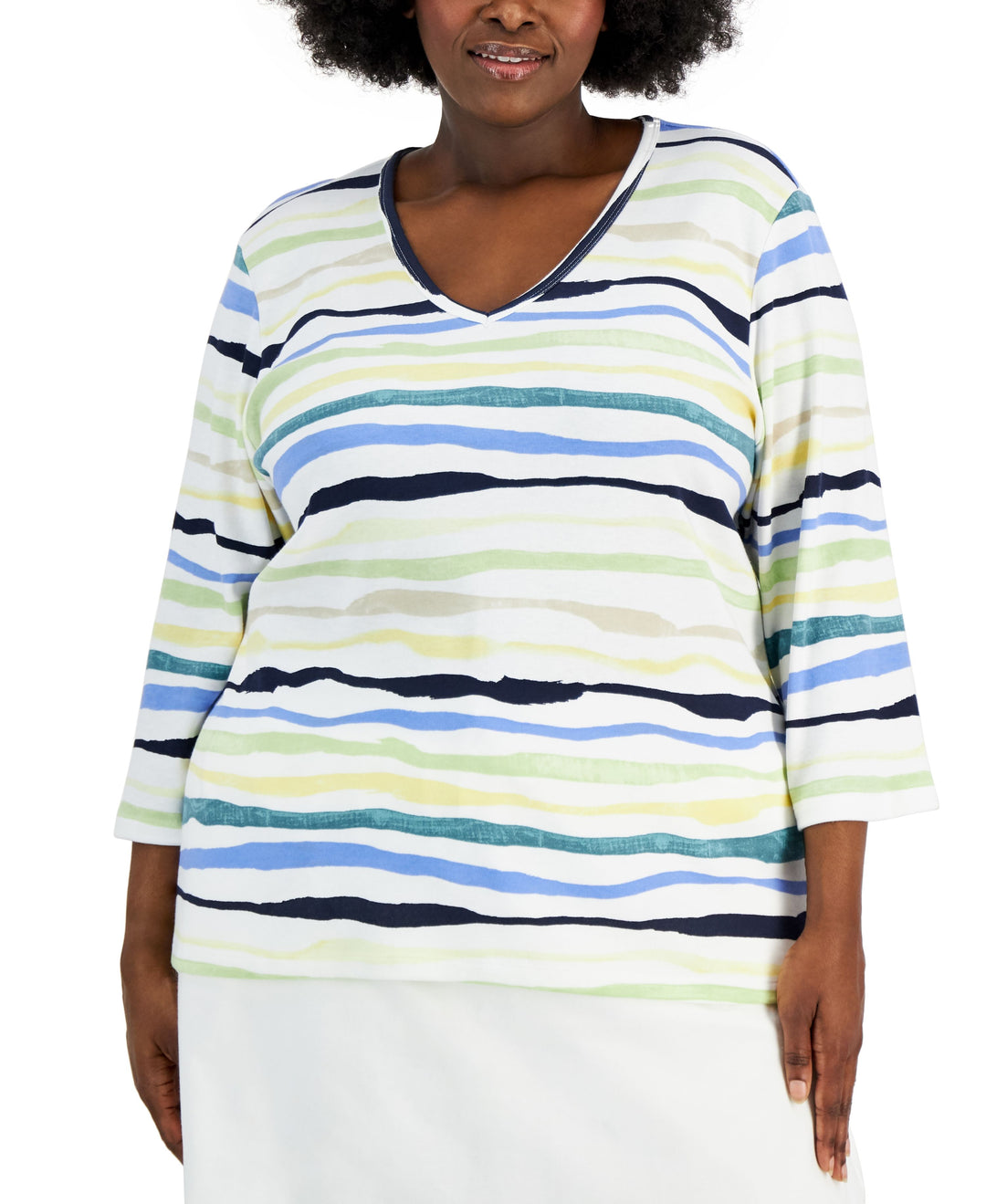 Karen Scott Plus Size Sasha Stripe 3/4 Sleeve Top