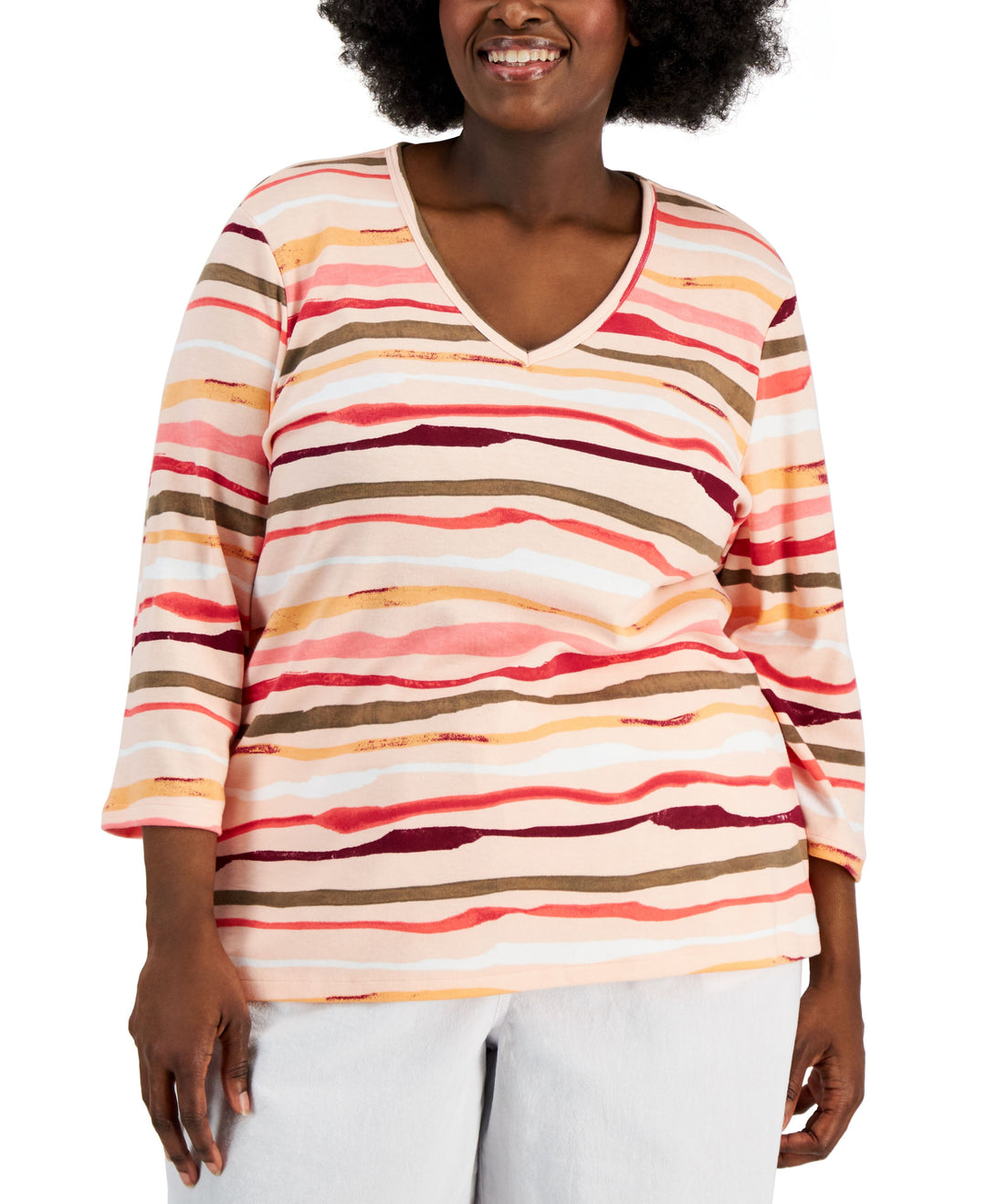 Karen Scott Plus Size Sasha Stripe 3/4 Sleeve Top