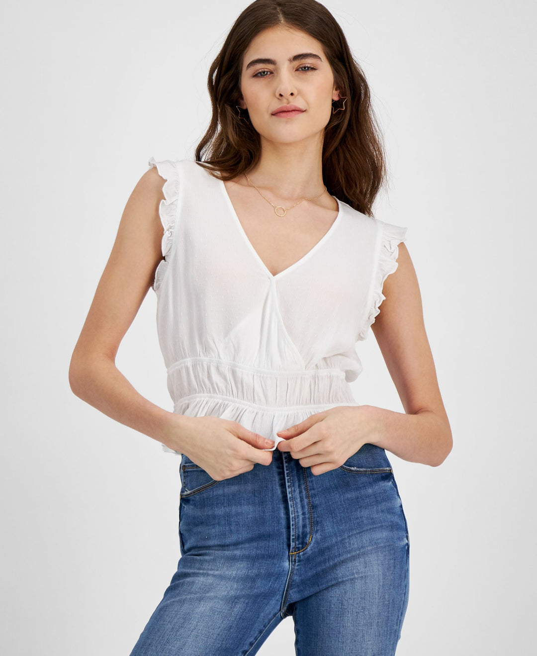 Juniors' Swiss Dot Ruffed Top