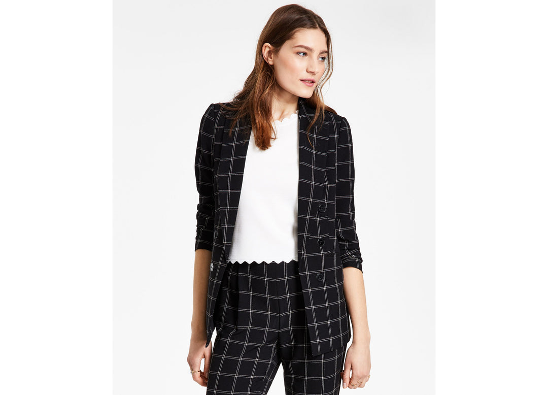 Women's Windowpane Print Open Front Jacket