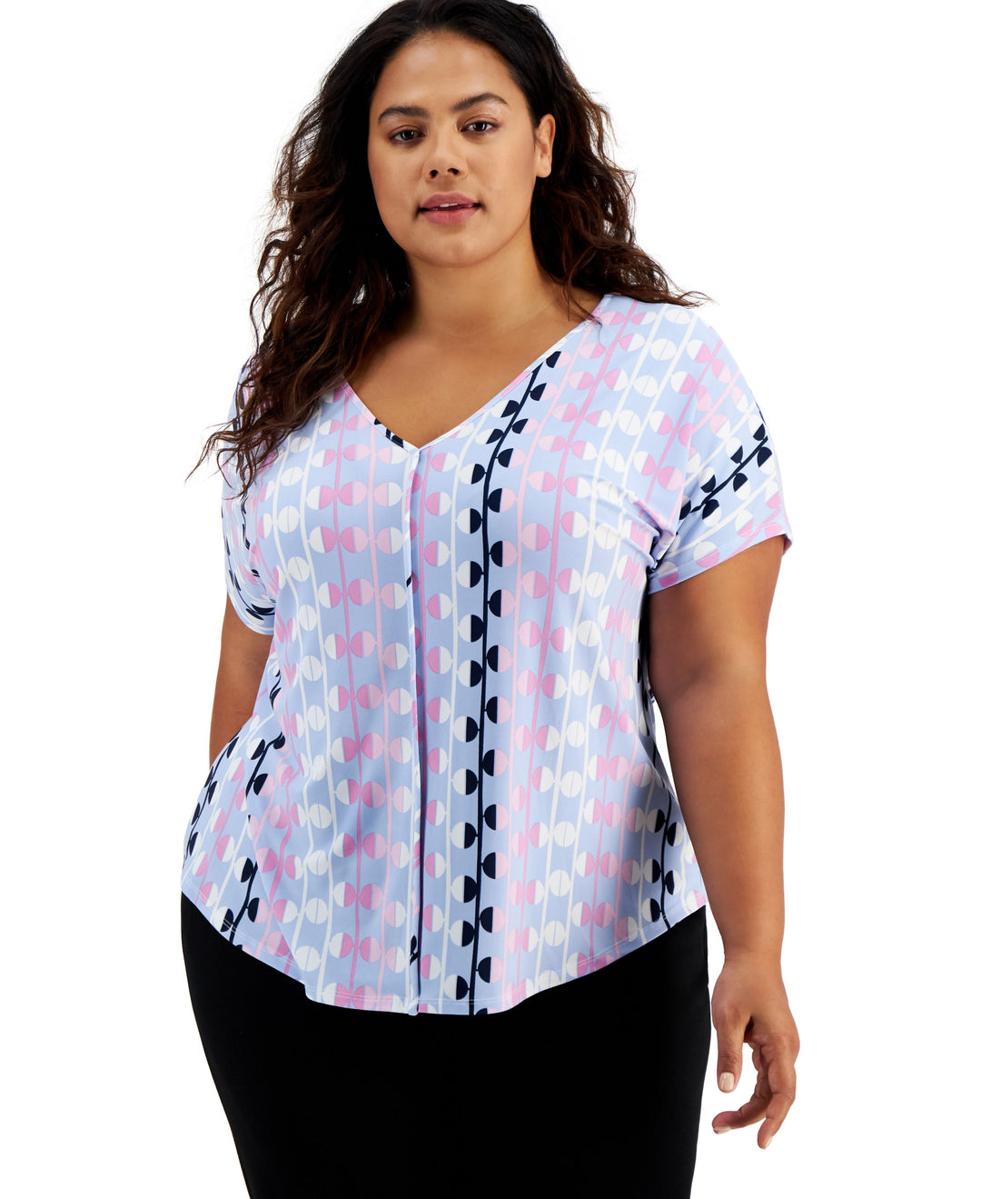 Bar III Plus Size Printed Seamed V Neck Top