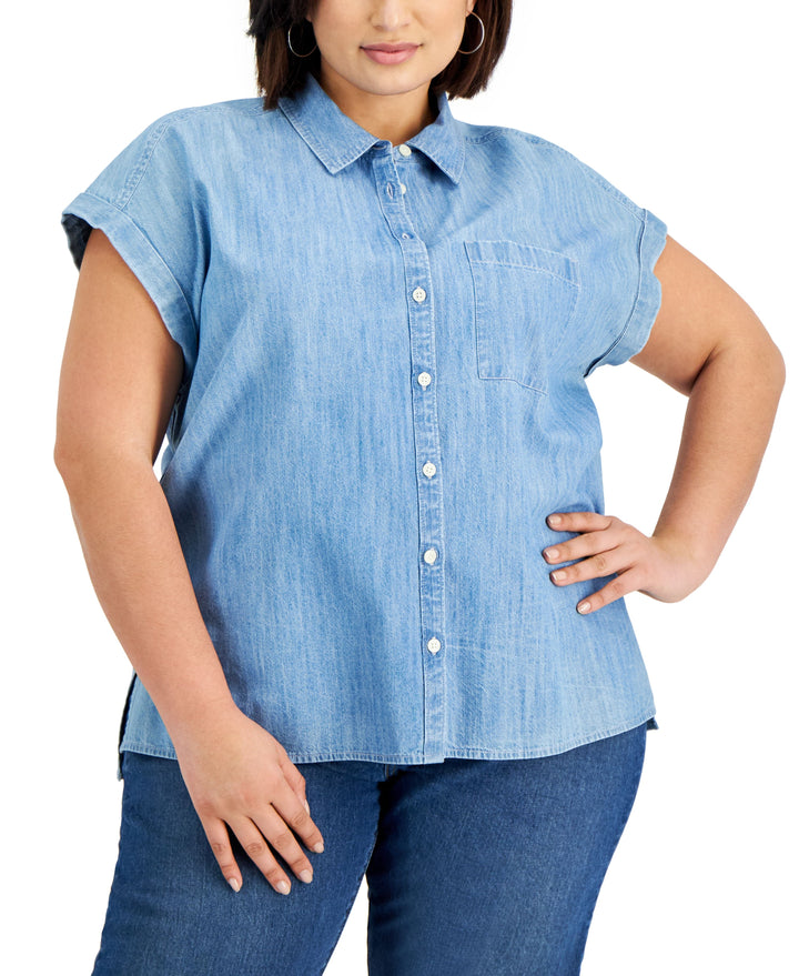 Style & Co Plus Size Chambray Cotton Camp Shirt