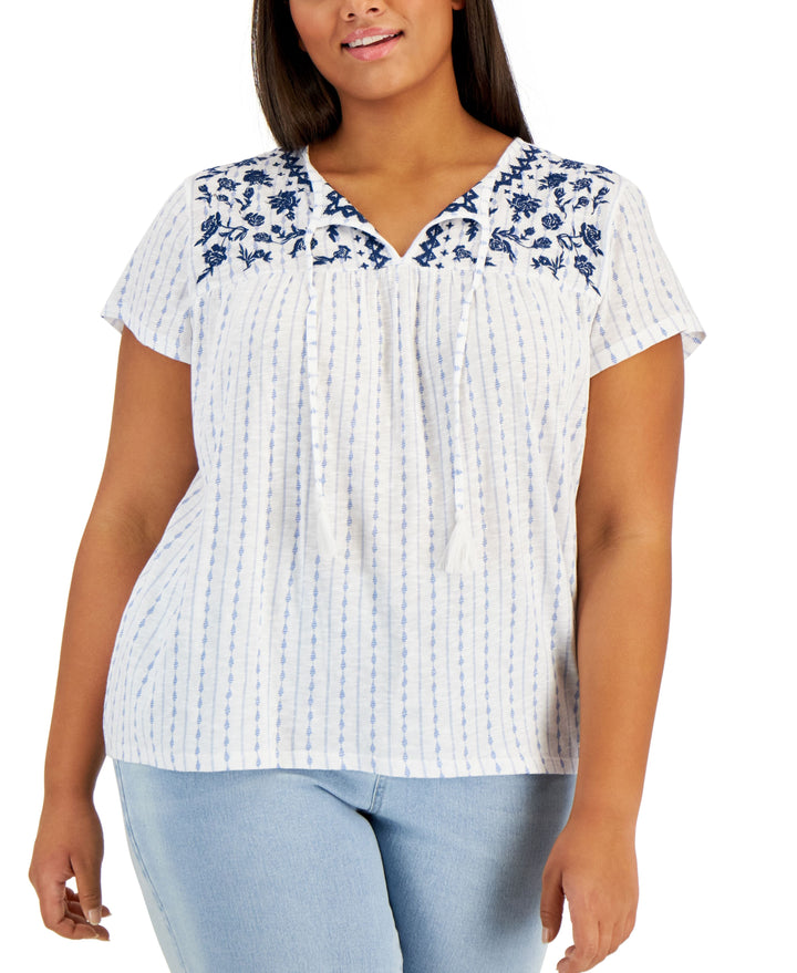 Style & Co Plus Size Split Neck Embroidered Top