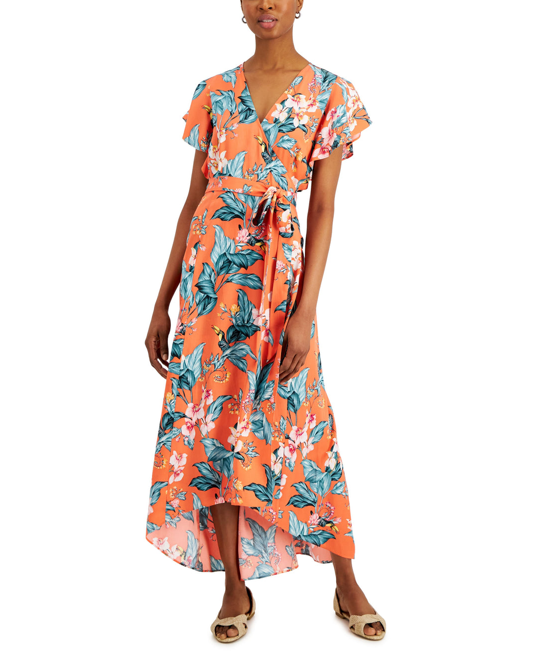 Charter Club Womens Floral Print Tie Waist Midi Dress