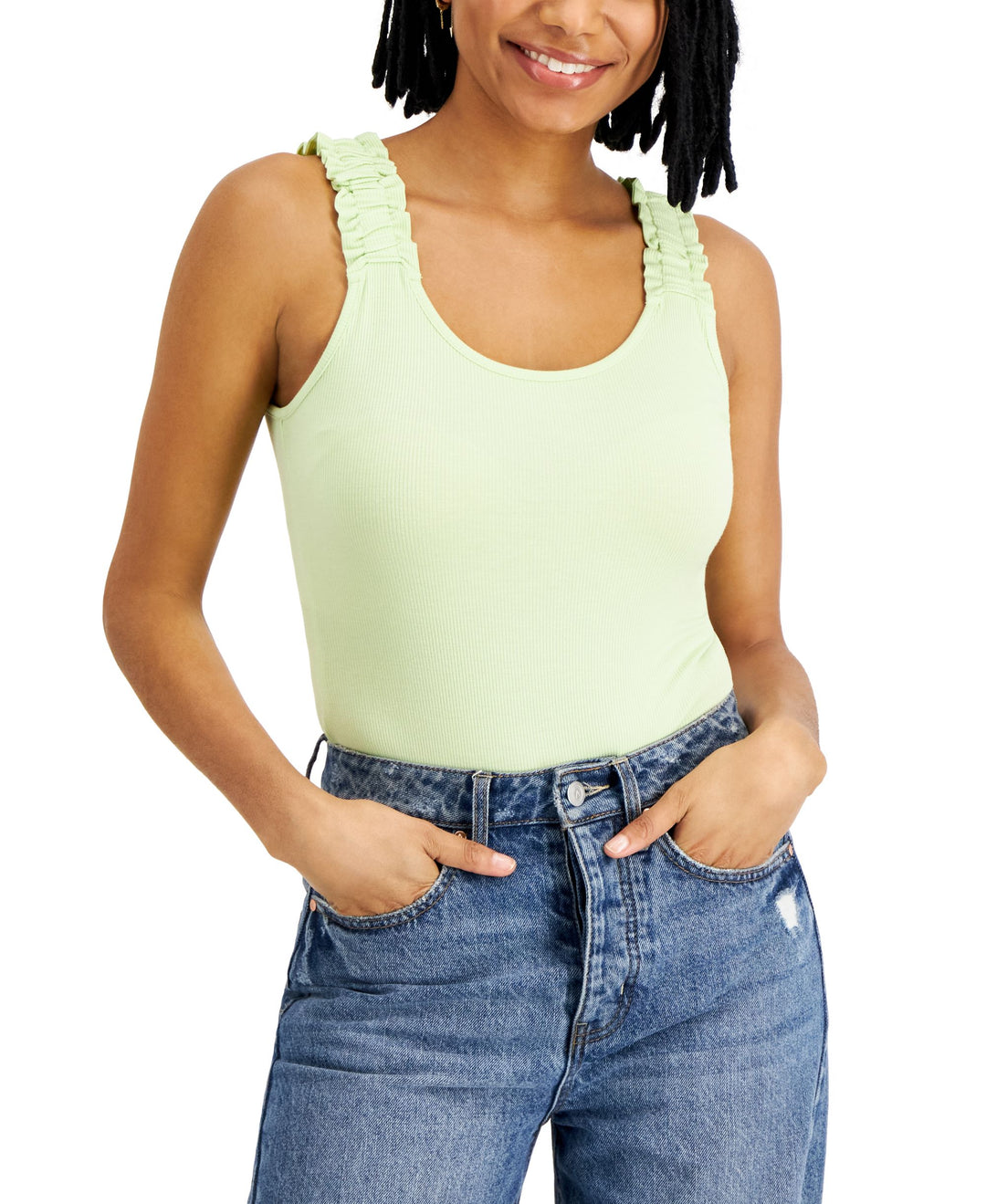 Juniors' Ribbed Ruffled-Strap Bodysuit