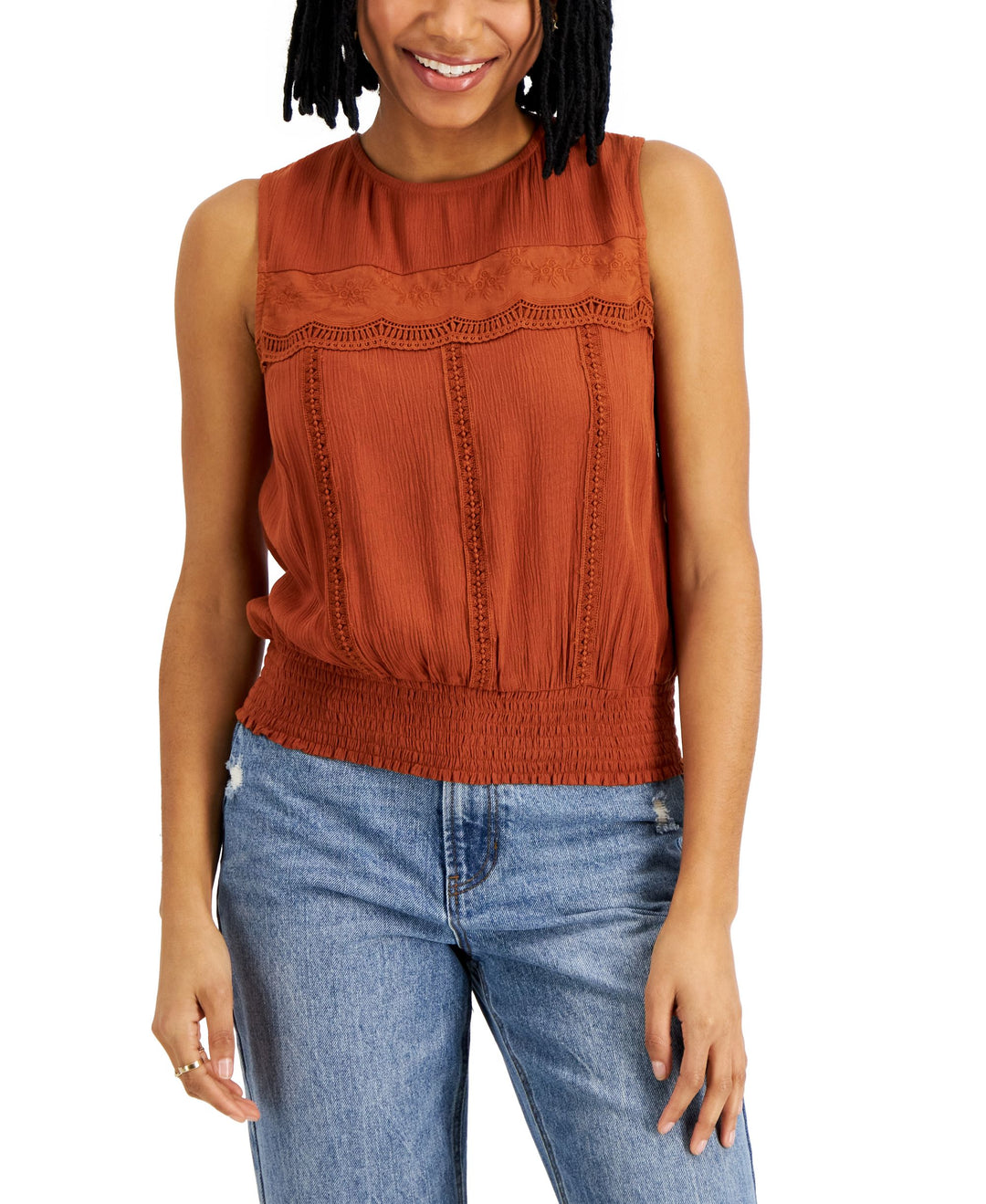 Juniors' Smocked-Waist Lace-Trim Tank Top