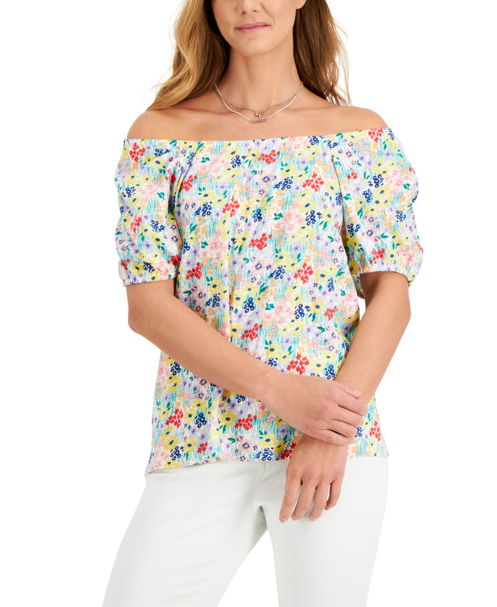 Style & Co Petite Wildflower Meadow Cotton Puff Sleeve Top