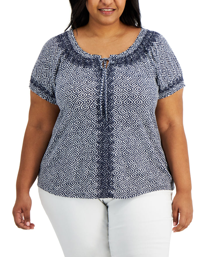 Style & Co Plus Size Embroidered Puff Sleeve Top