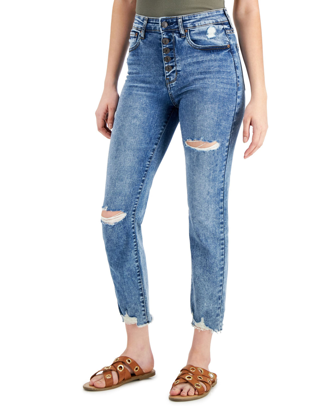 Juniors' Ripped Slim Straight-Leg Jeans