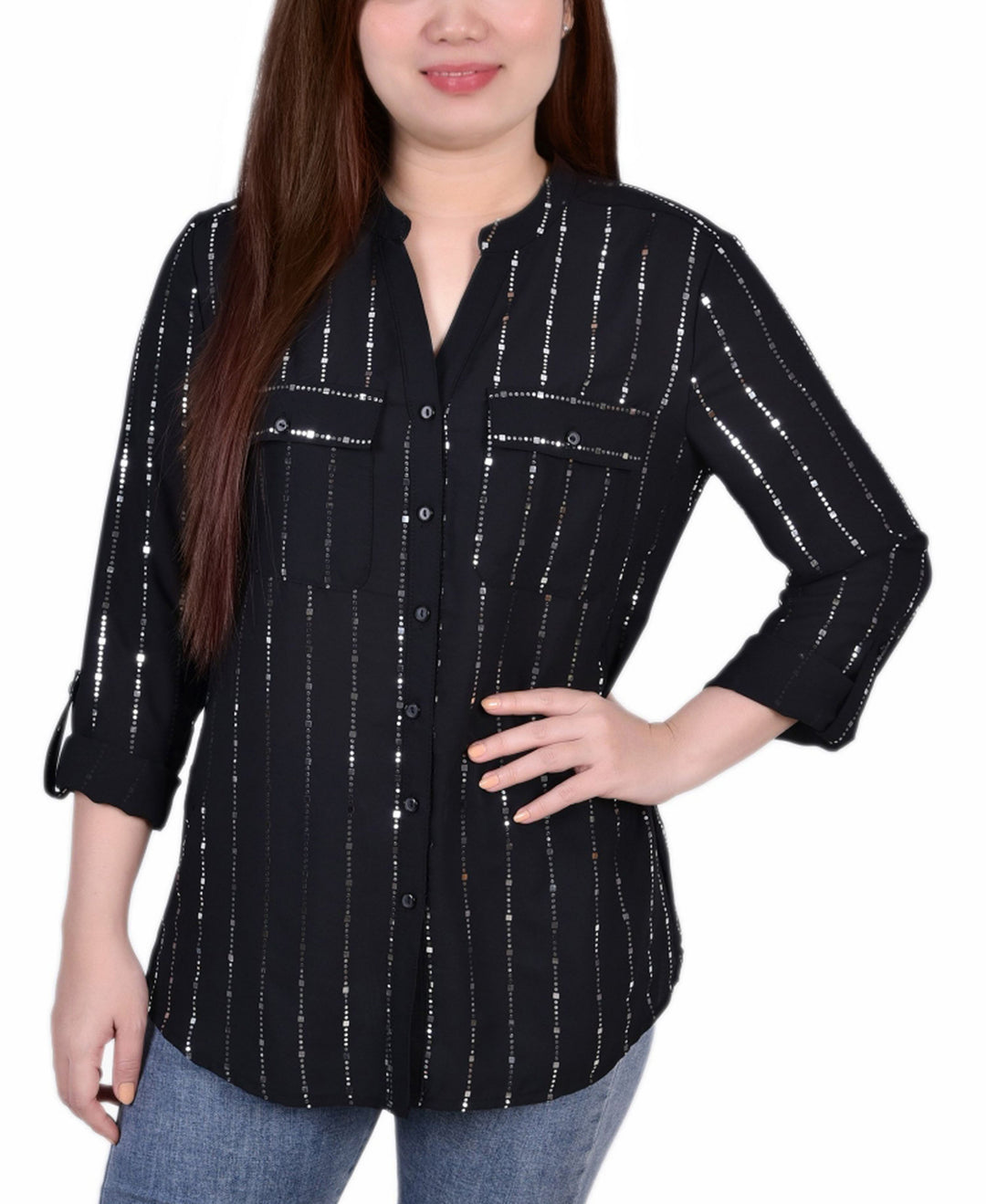 Petite Size 3/4 Sleeve Roll Tab Blouse With Metallic Details Top