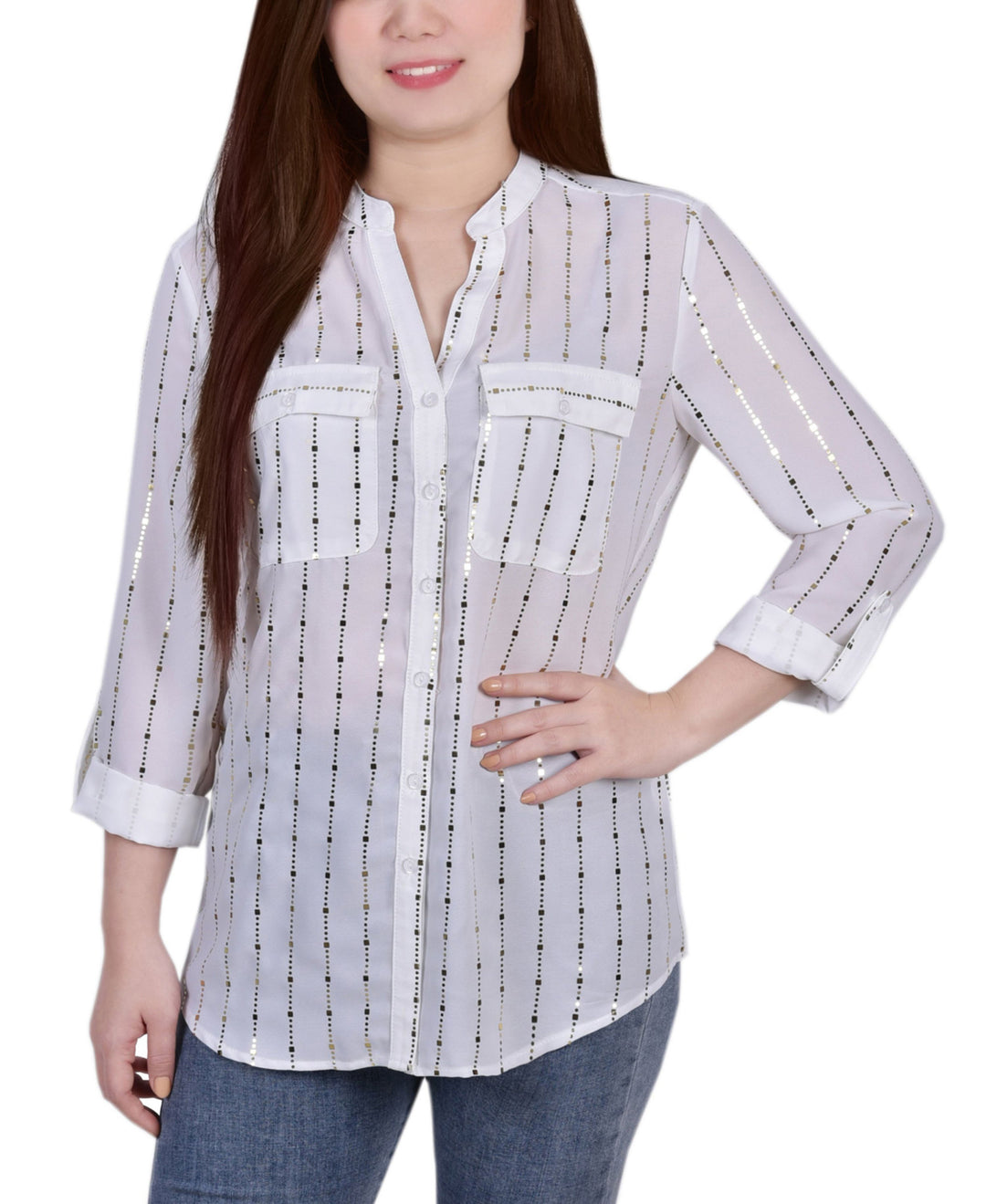 Petite Size 3/4 Sleeve Roll Tab Blouse With Metallic Details Top